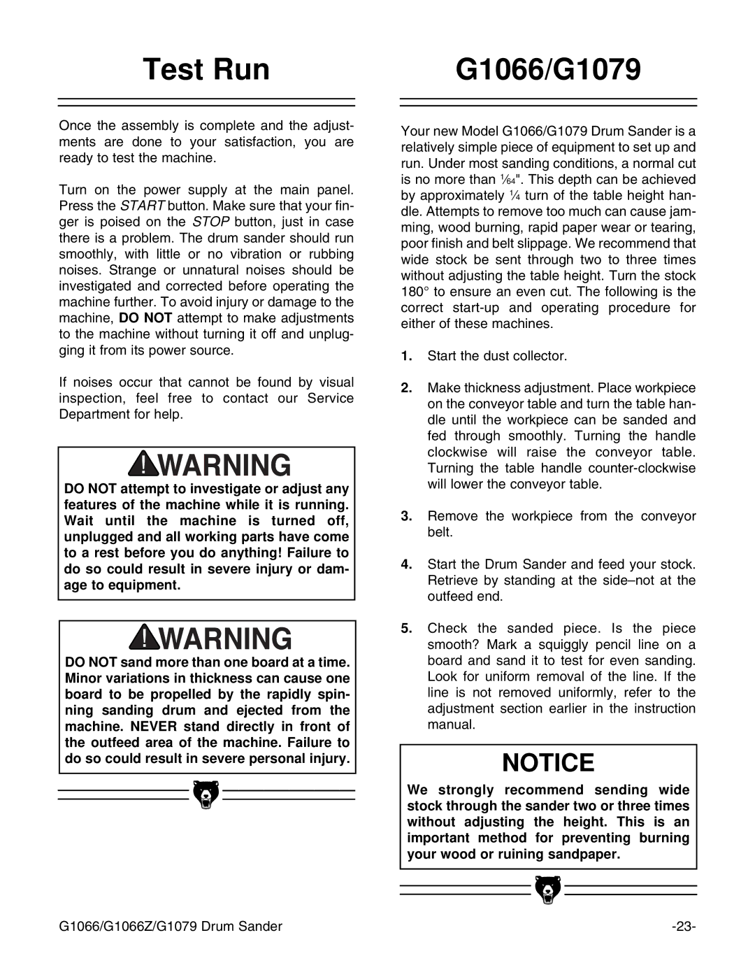 Grizzly instruction manual Test Run G1066/G1079 