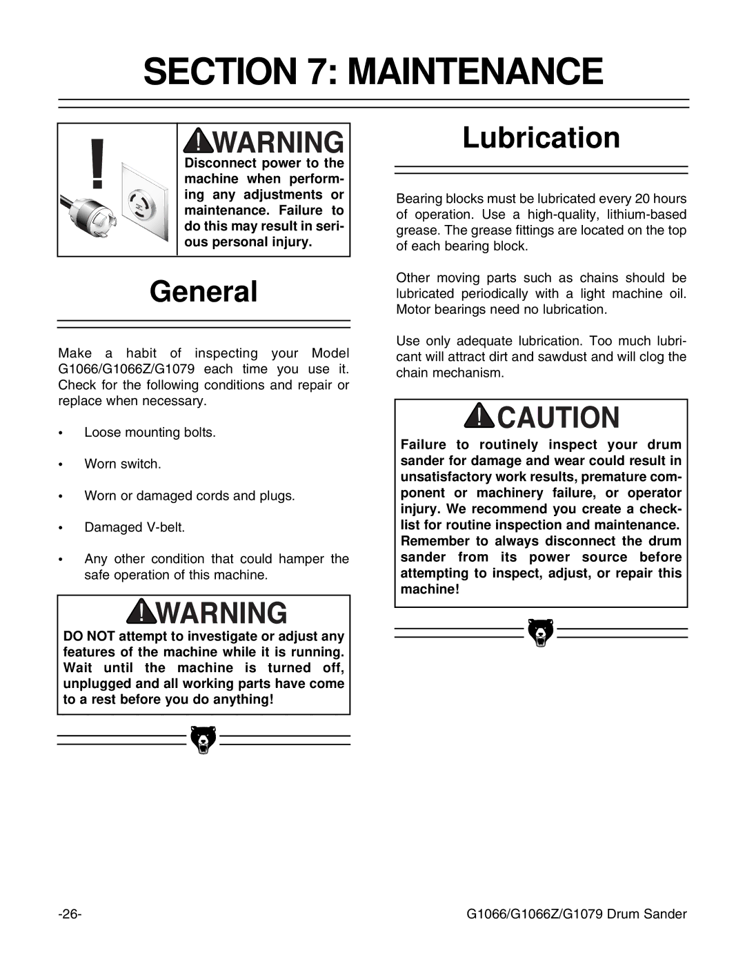 Grizzly G1066 instruction manual Maintenance, General, Lubrication 