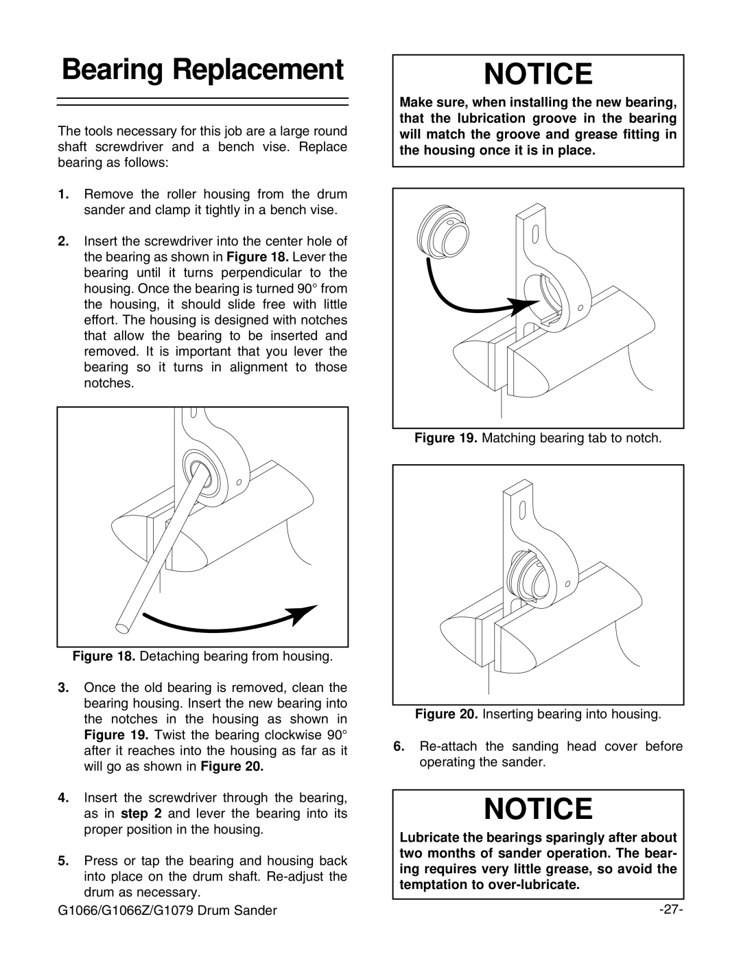 Grizzly G1066 instruction manual Bearing Replacement, Matching bearing tab to notch 