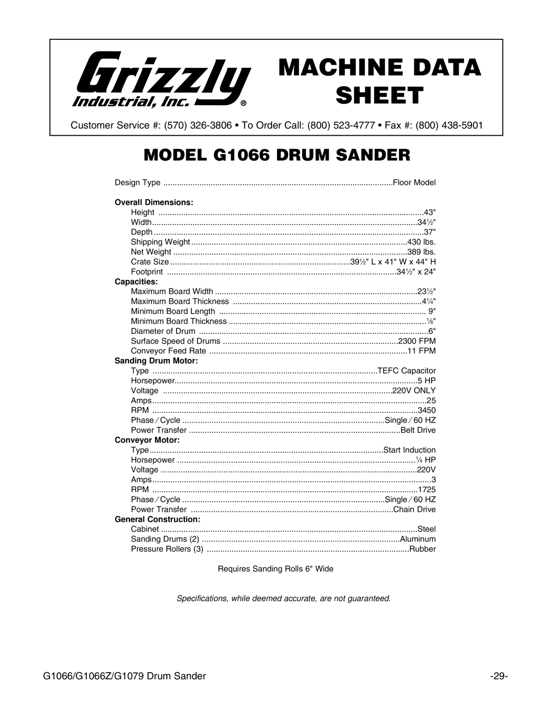 Grizzly G1066 instruction manual Machine Data Sheet 