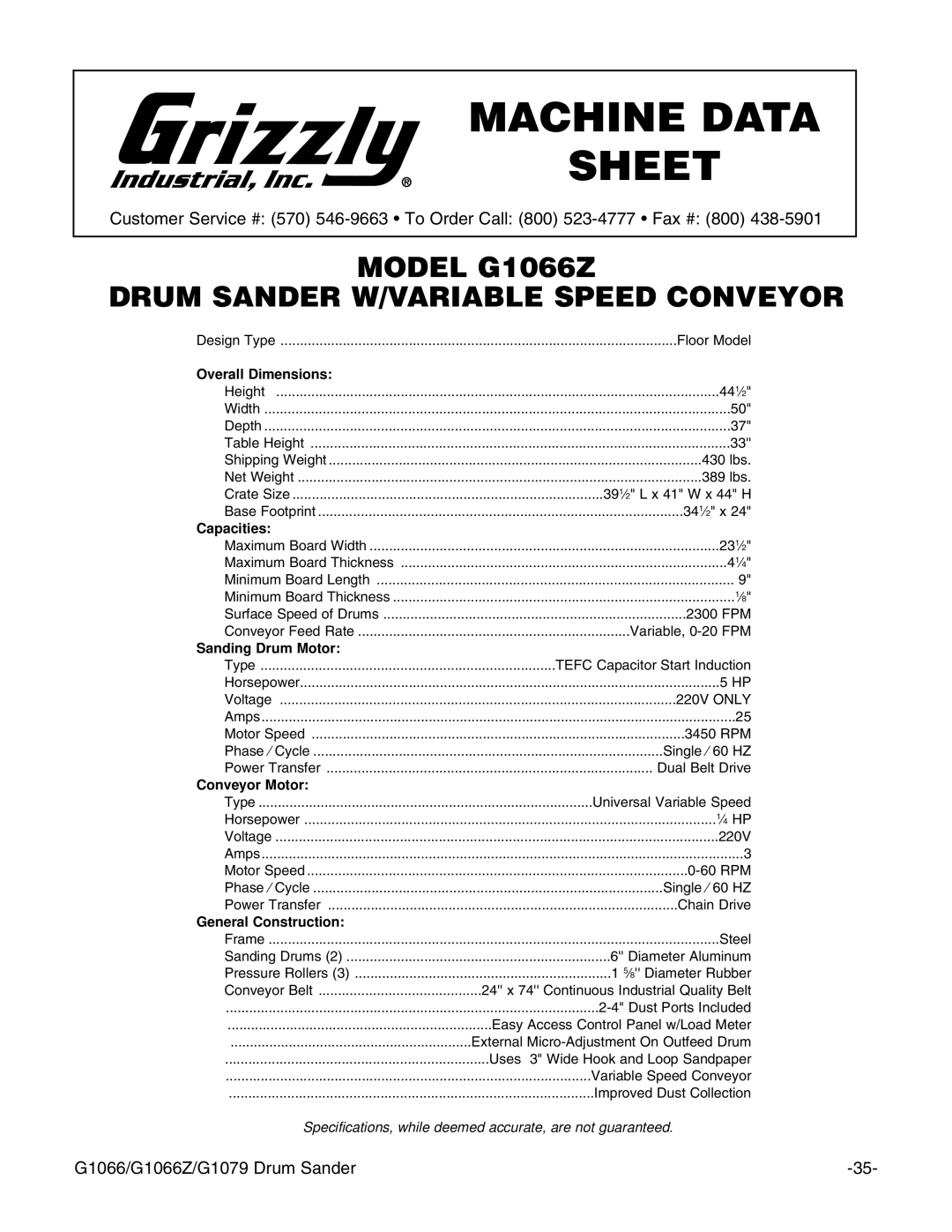 Grizzly instruction manual Model G1066Z Drum Sander W/VARIABLE Speed Conveyor 