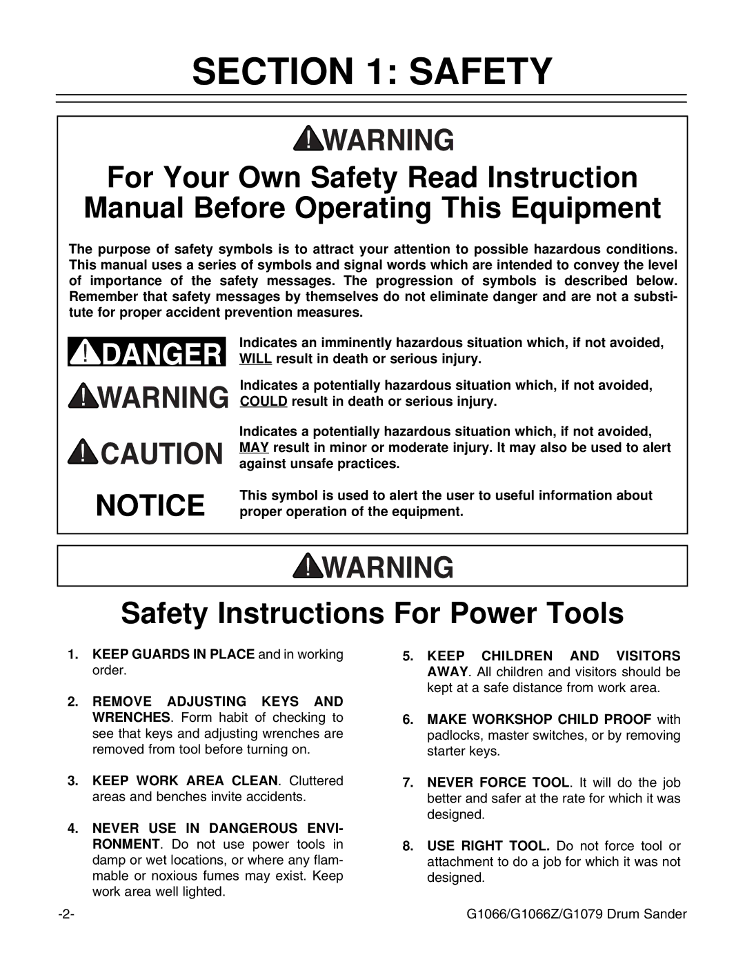 Grizzly G1066 instruction manual Safety Instructions For Power Tools 