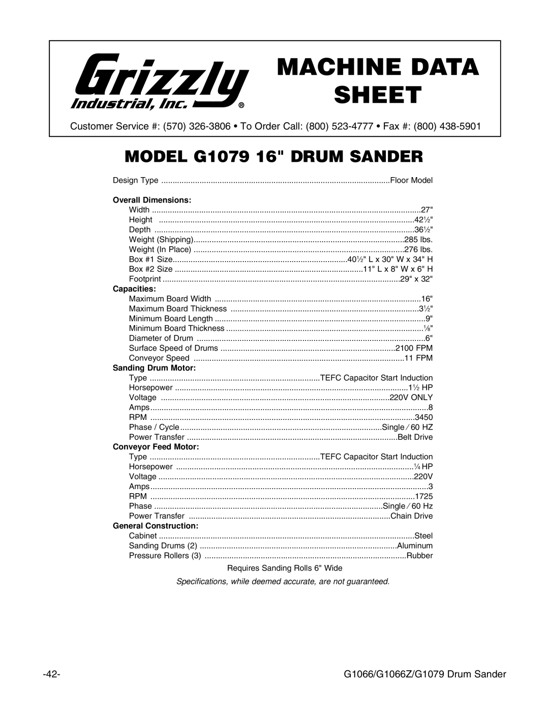 Grizzly G1066 instruction manual Model G1079 16 Drum Sander 