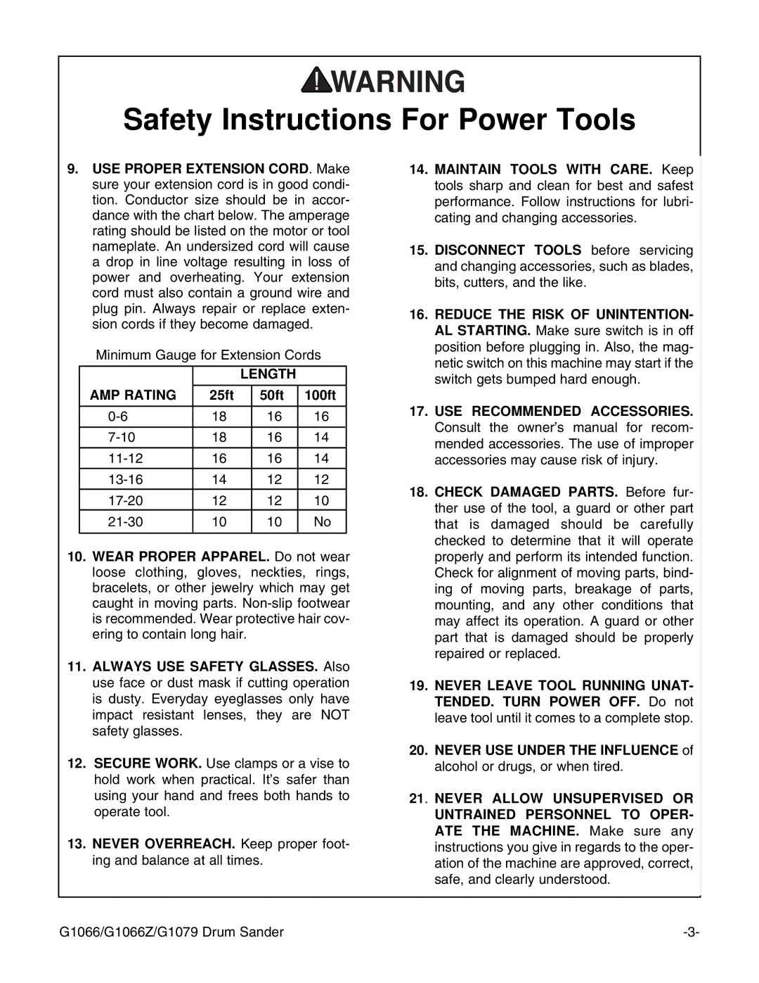 Grizzly G1066 instruction manual Length AMP Rating 