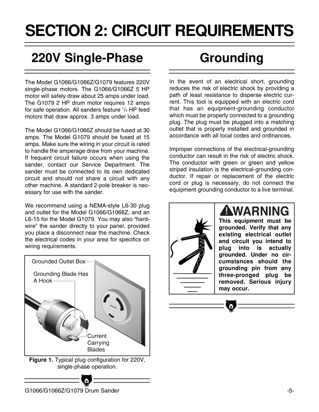 Grizzly G1066 instruction manual Circuit Requirements, 220V Single-Phase Grounding 