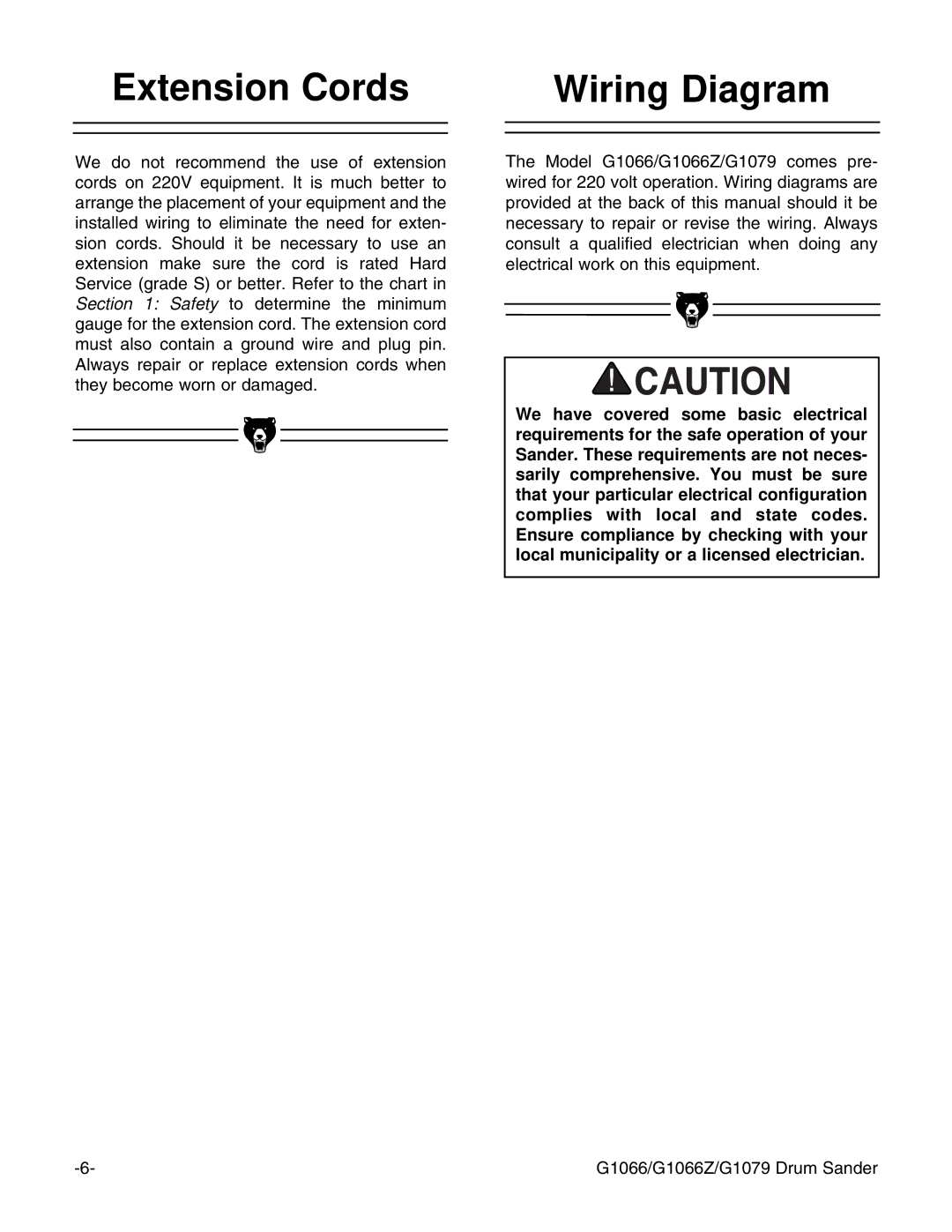 Grizzly G1066 instruction manual Extension Cords Wiring Diagram 