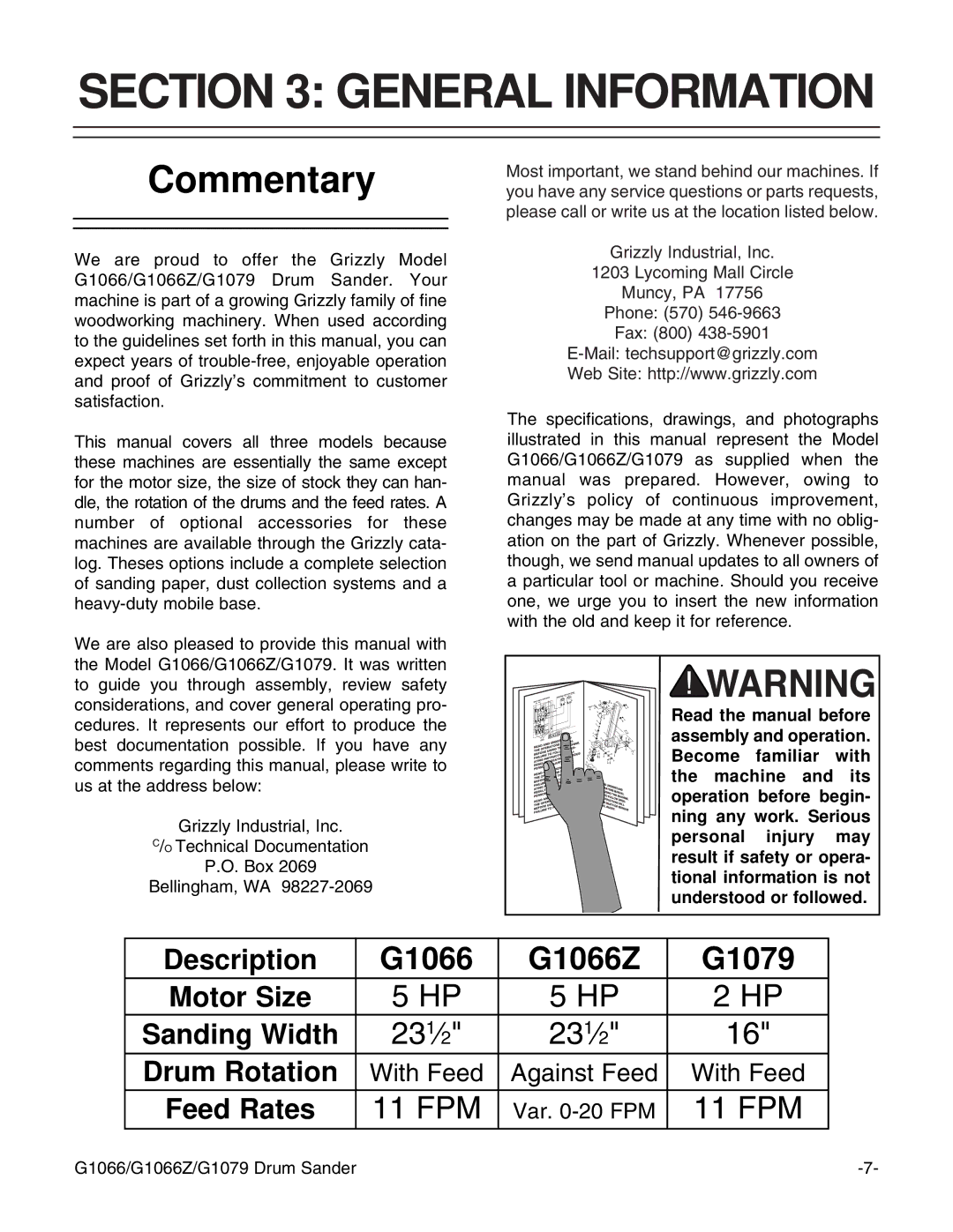 Grizzly G1066 instruction manual General Information, Commentary 