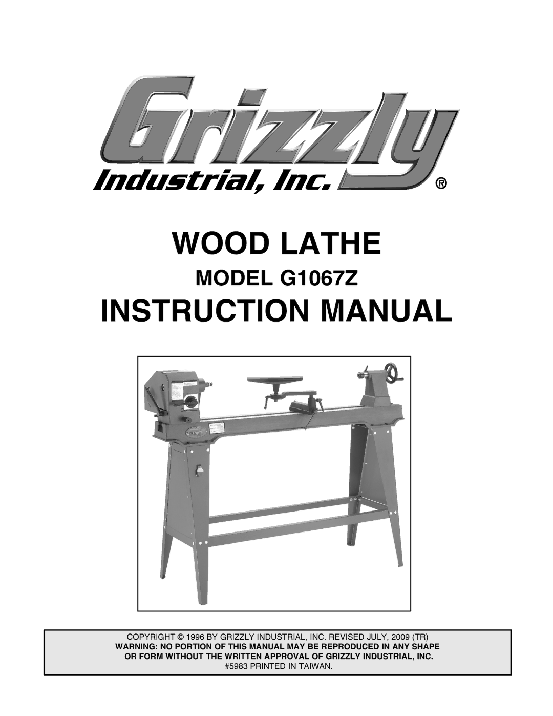 Grizzly G1067Z instruction manual Wood Lathe 