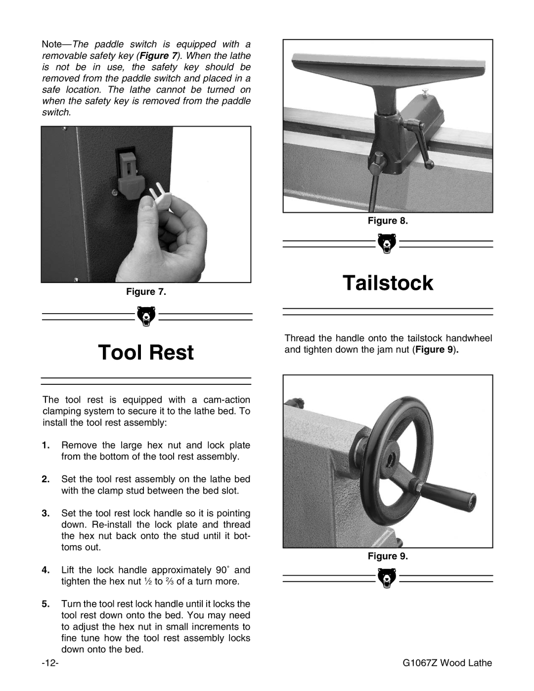 Grizzly G1067Z instruction manual Tool Rest, Tailstock 