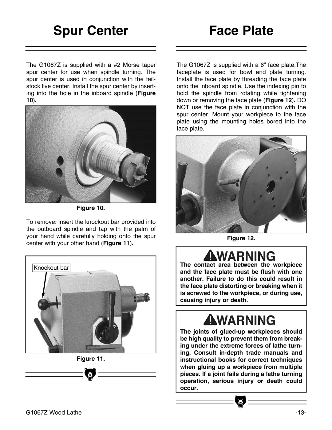 Grizzly G1067Z instruction manual Spur Center Face Plate 