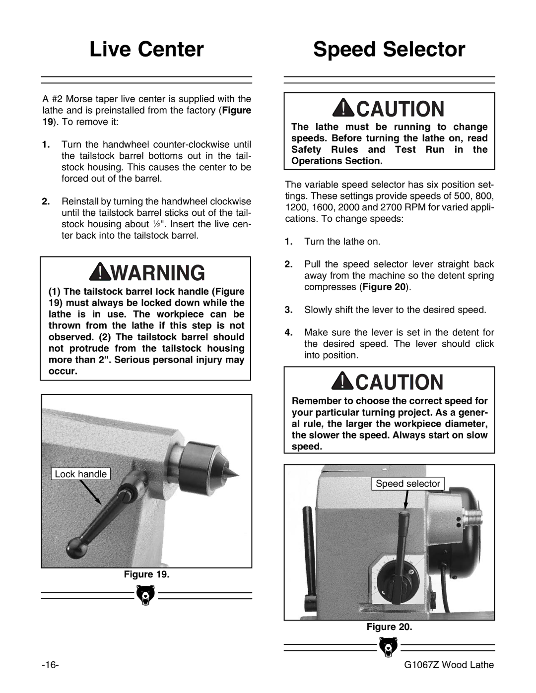 Grizzly G1067Z instruction manual Live Center Speed Selector 