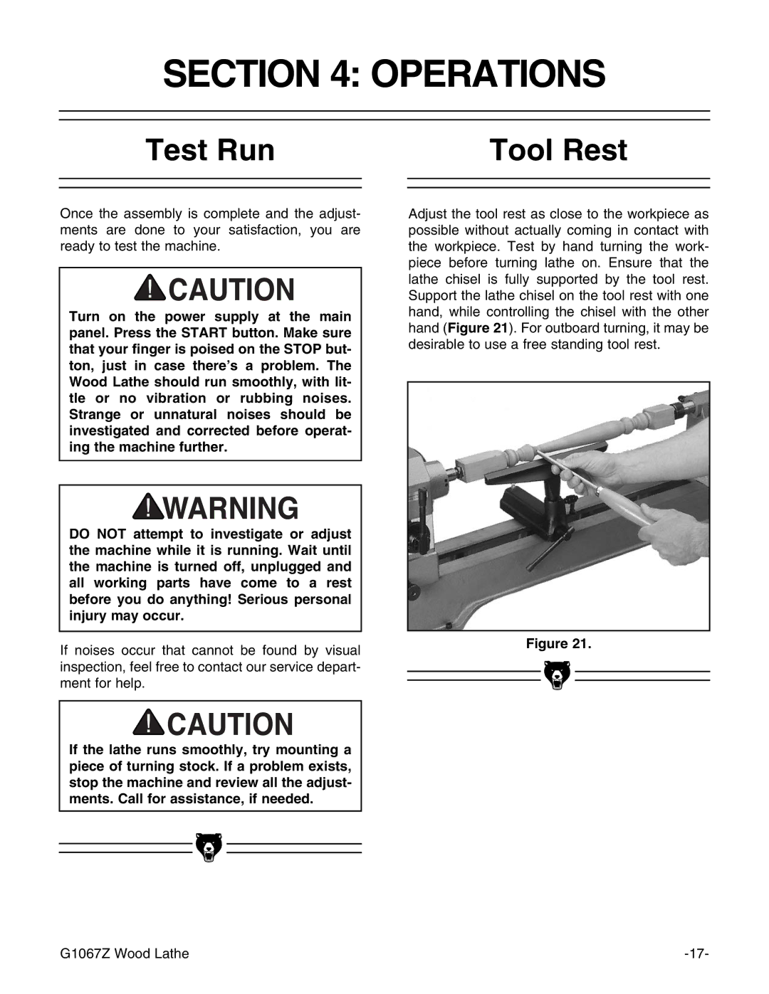 Grizzly G1067Z instruction manual Operations, Test Run Tool Rest 