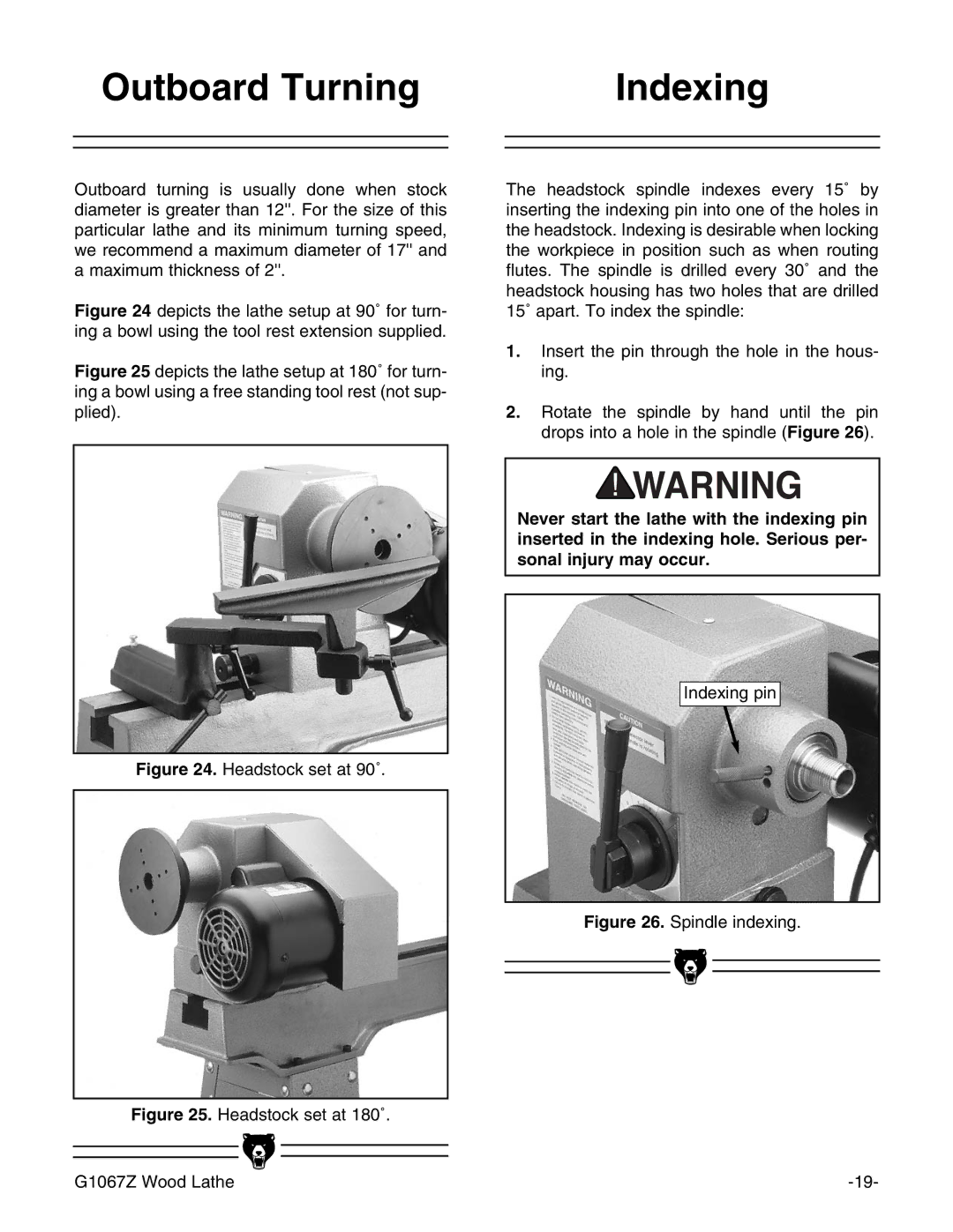 Grizzly G1067Z instruction manual Outboard Turning Indexing, Headstock set at 180˚ Indexing pin 