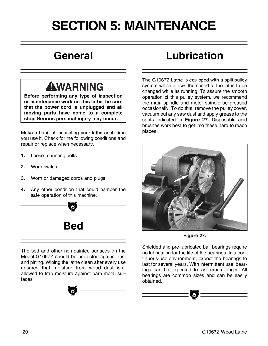 Grizzly G1067Z instruction manual Maintenance, GeneralLubrication, Bed 