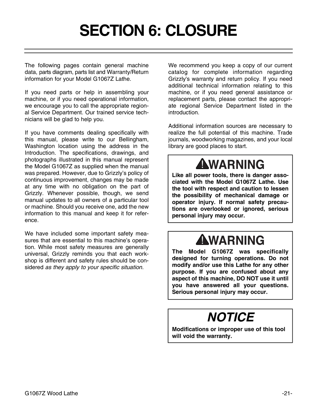 Grizzly G1067Z instruction manual Closure 