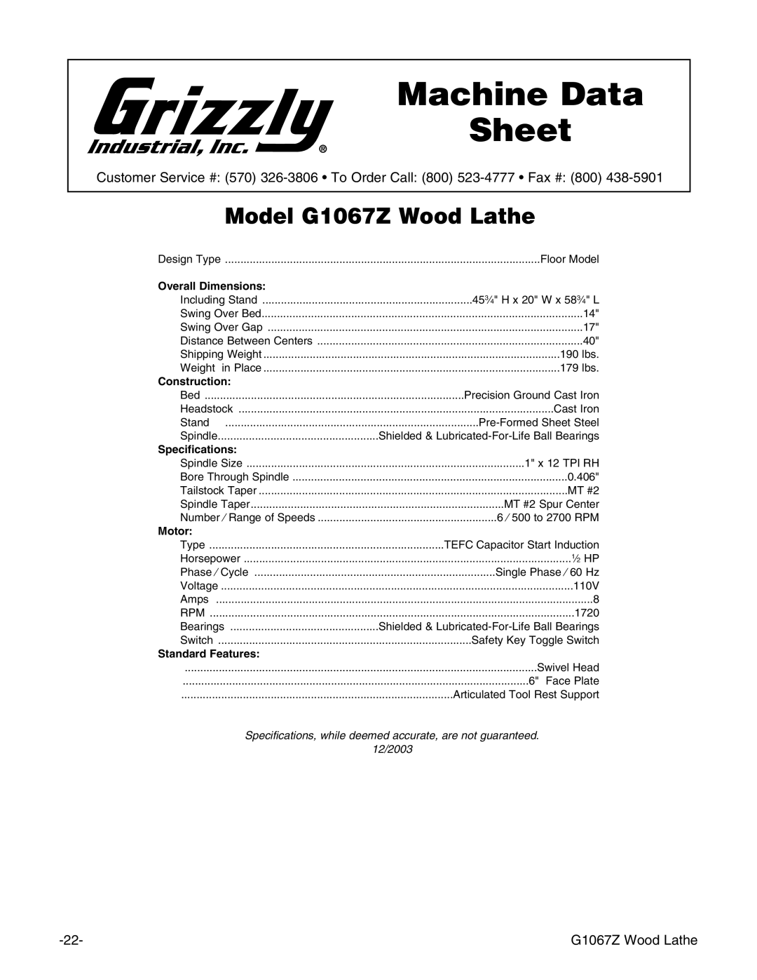 Grizzly G1067Z instruction manual Machine Data Sheet 