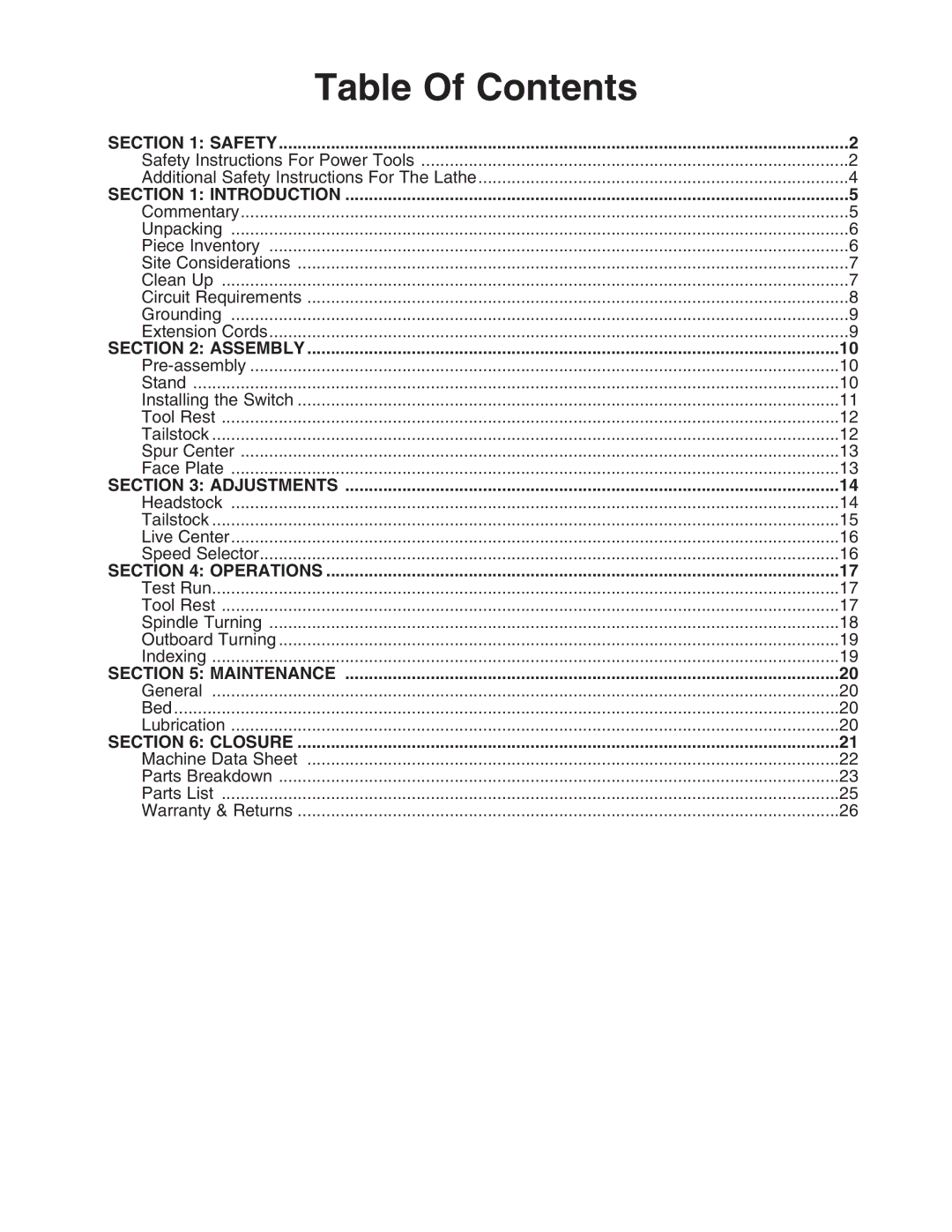 Grizzly G1067Z instruction manual Table Of Contents 