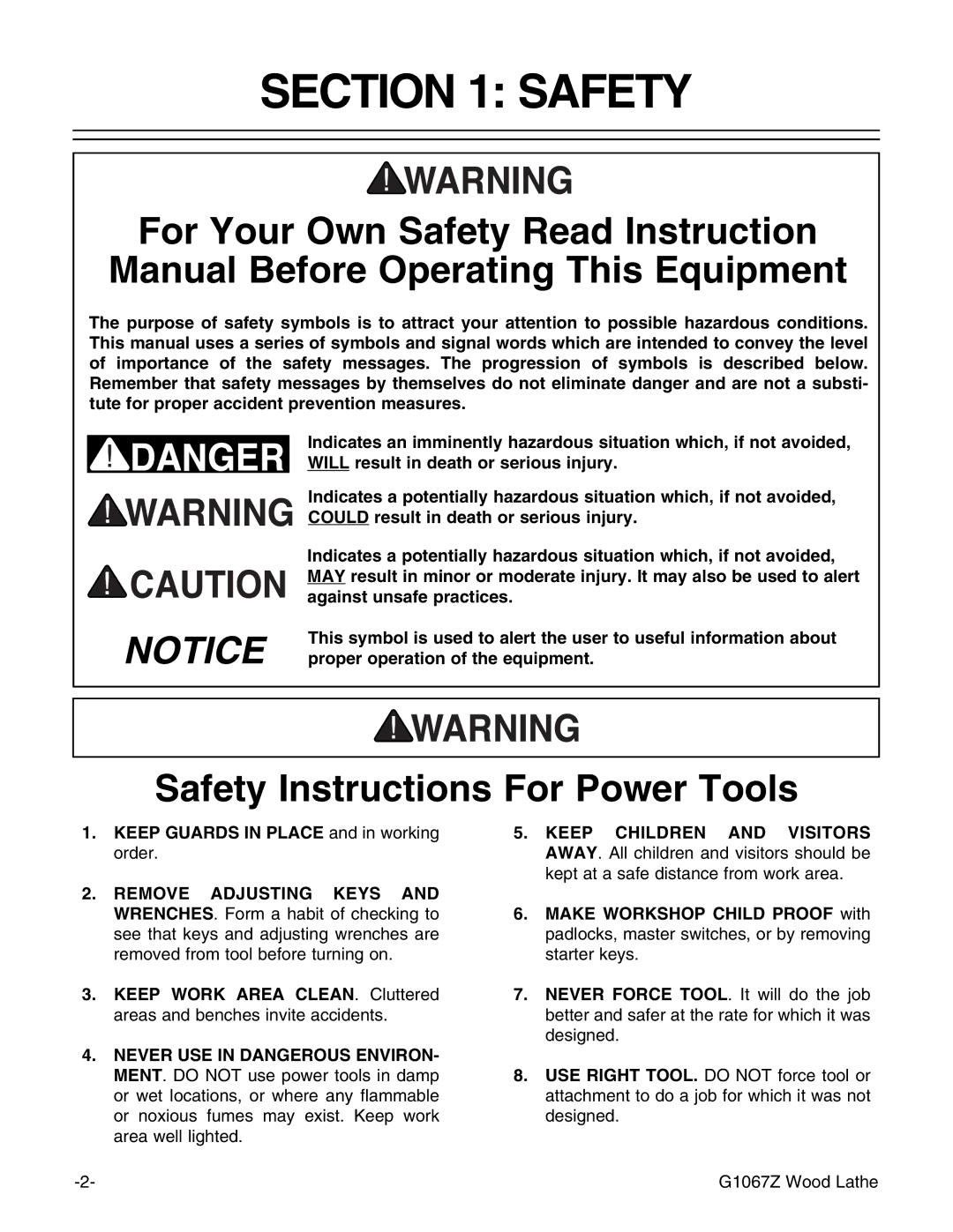 Grizzly G1067Z instruction manual Safety Instructions For Power Tools 