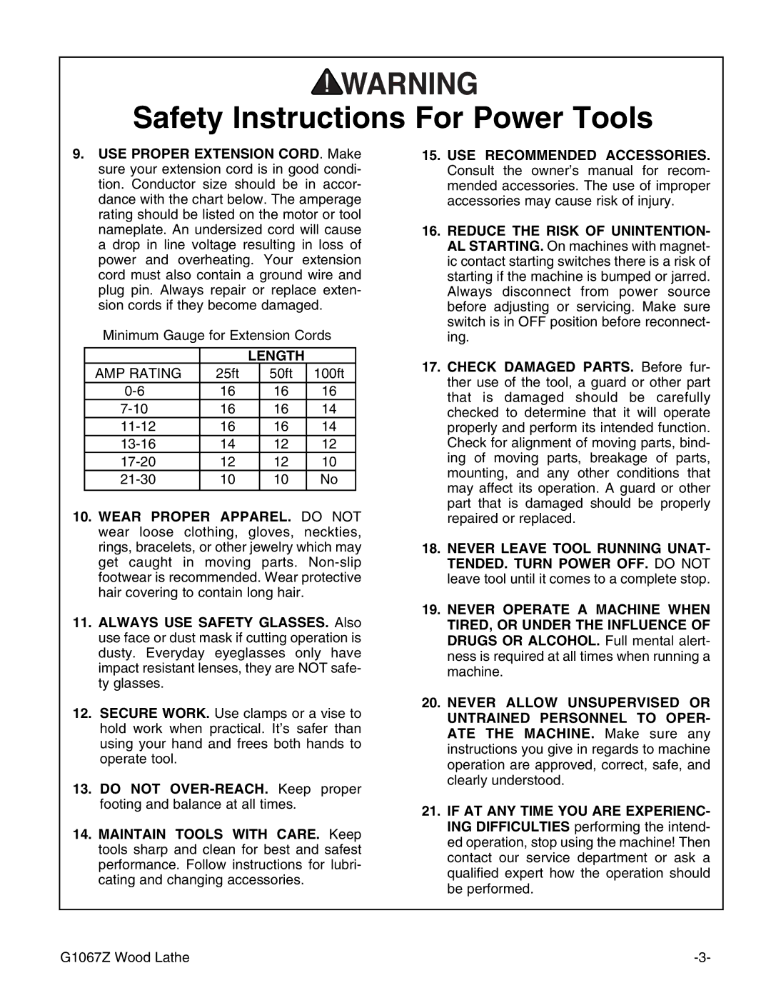 Grizzly G1067Z instruction manual Length 