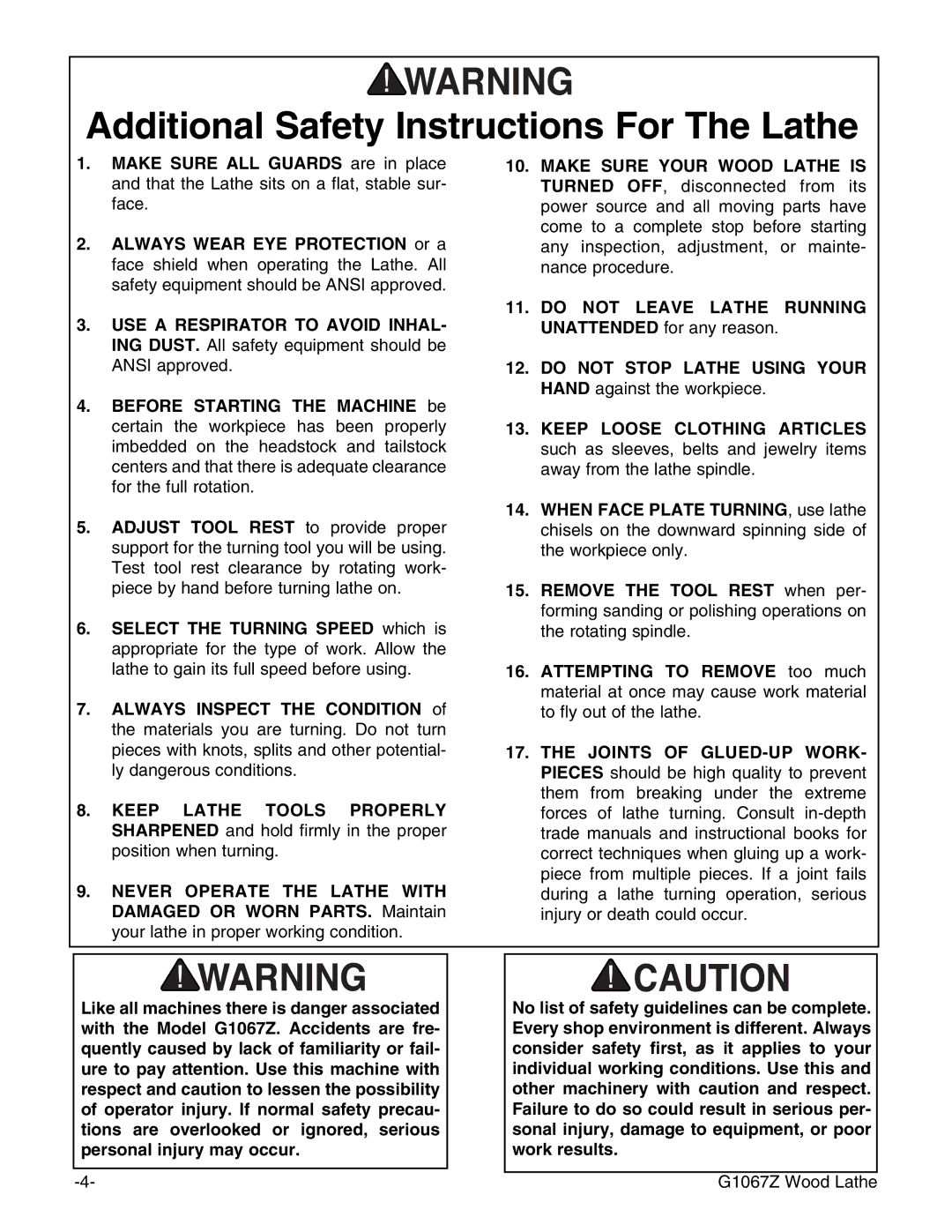 Grizzly G1067Z instruction manual Additional Safety Instructions For The Lathe 