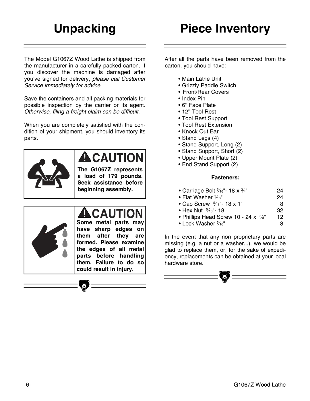 Grizzly G1067Z instruction manual Unpacking Piece Inventory, Fasteners 