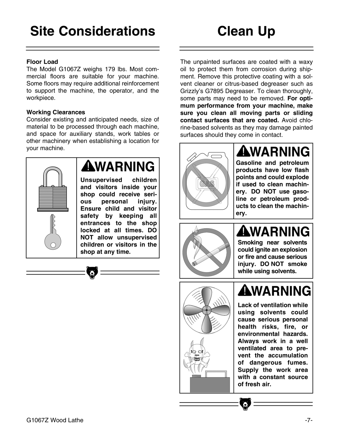 Grizzly G1067Z instruction manual Site Considerations Clean Up, Floor Load, Working Clearances 