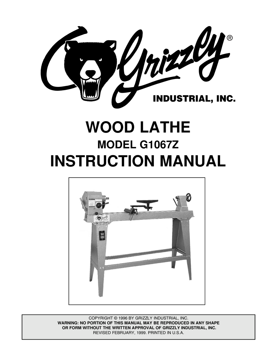 Grizzly G1067Z instruction manual Wood Lathe 