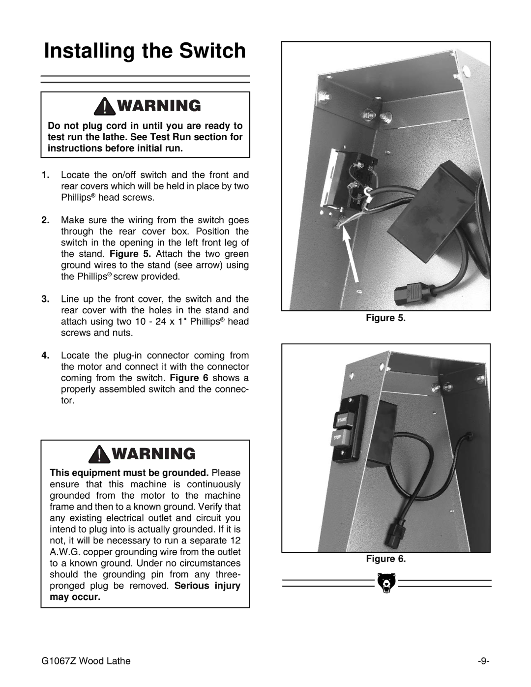 Grizzly G1067Z instruction manual Installing the Switch 