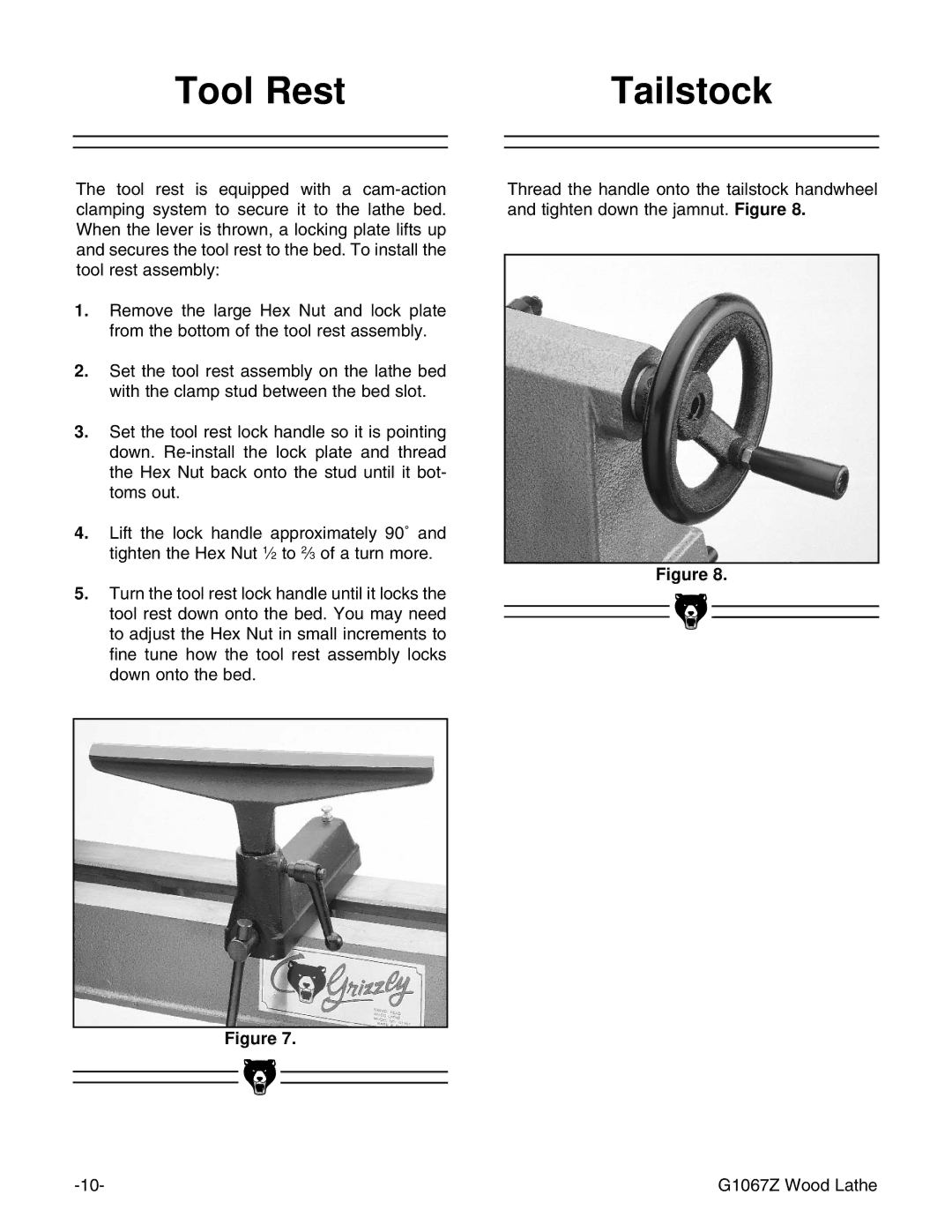 Grizzly G1067Z instruction manual Tool Rest Tailstock 