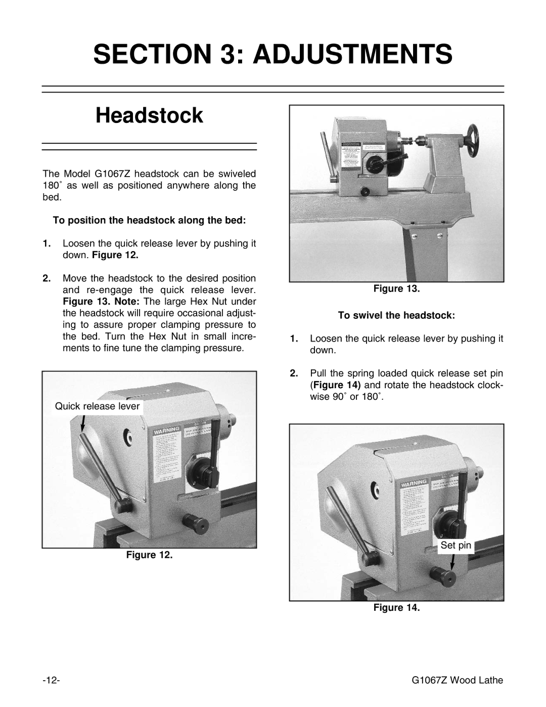 Grizzly G1067Z instruction manual Adjustments, Headstock 