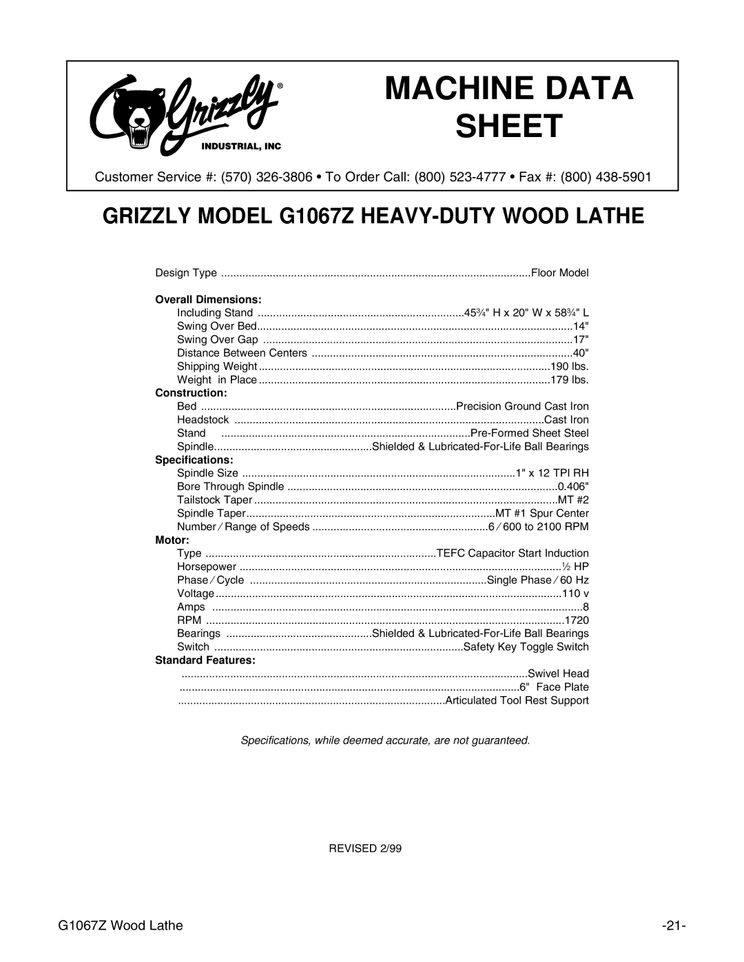 Grizzly G1067Z instruction manual Machine Data Sheet 