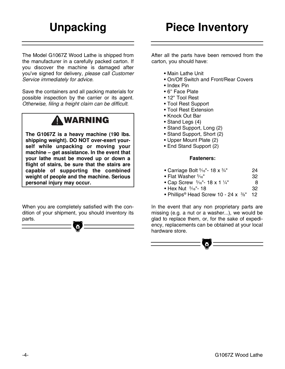 Grizzly G1067Z instruction manual Unpacking Piece Inventory, Fasteners 