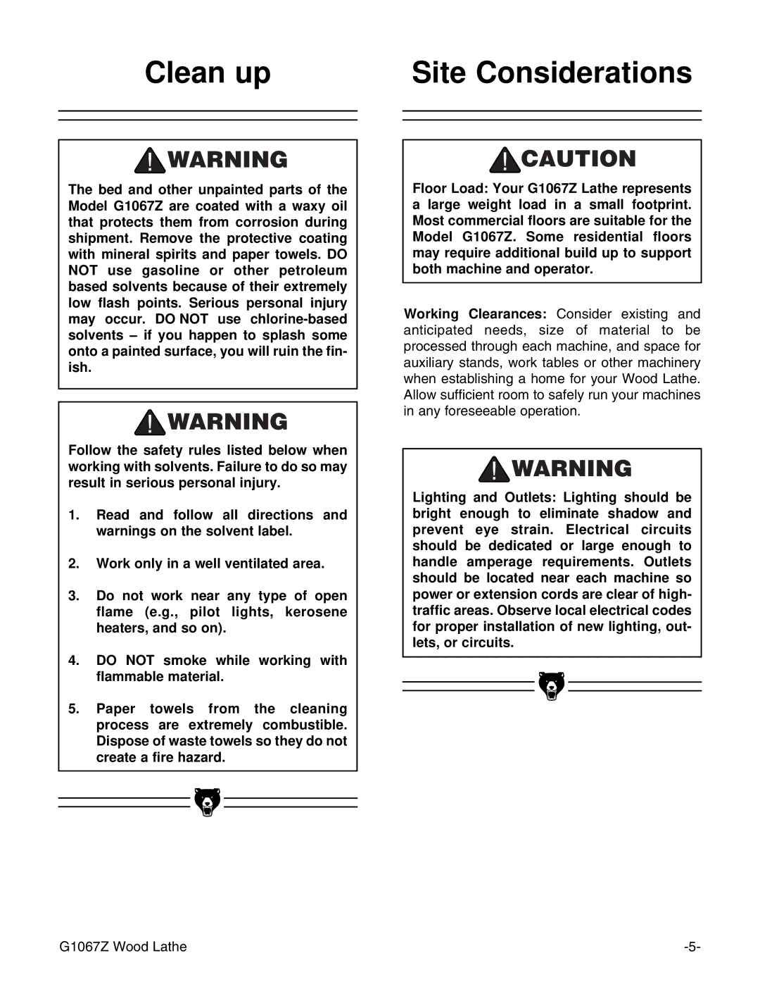 Grizzly G1067Z instruction manual Clean up Site Considerations 