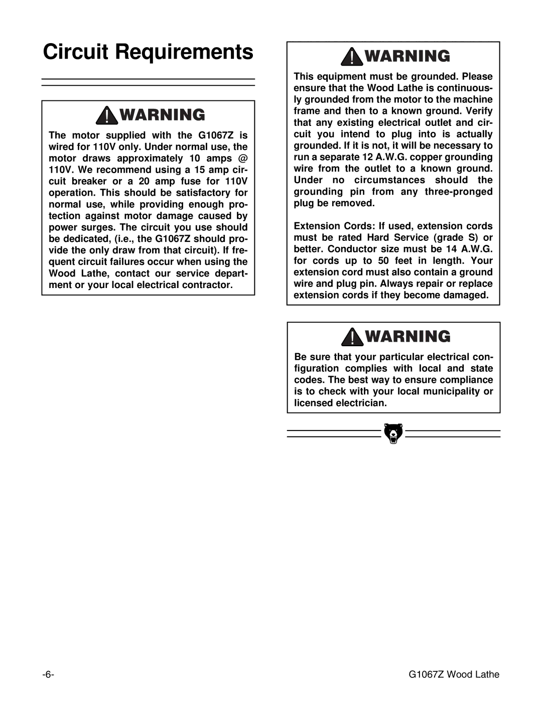 Grizzly G1067Z instruction manual Circuit Requirements 