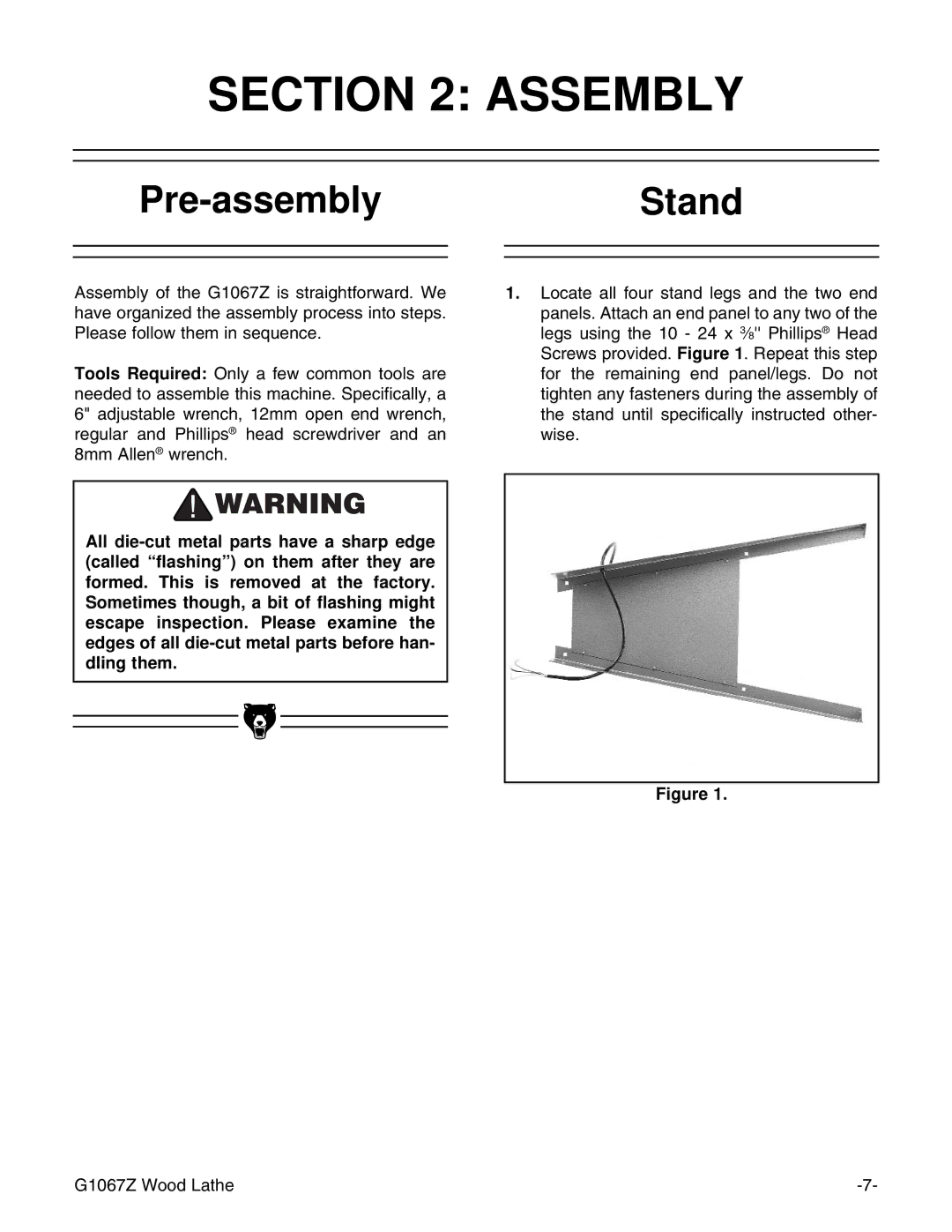 Grizzly G1067Z instruction manual Assembly, Pre-assemblyStand 