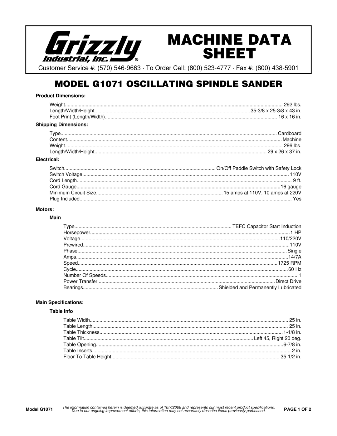 Grizzly G1071 specifications Product Dimensions, Shipping Dimensions, Electrical, Motors Main 