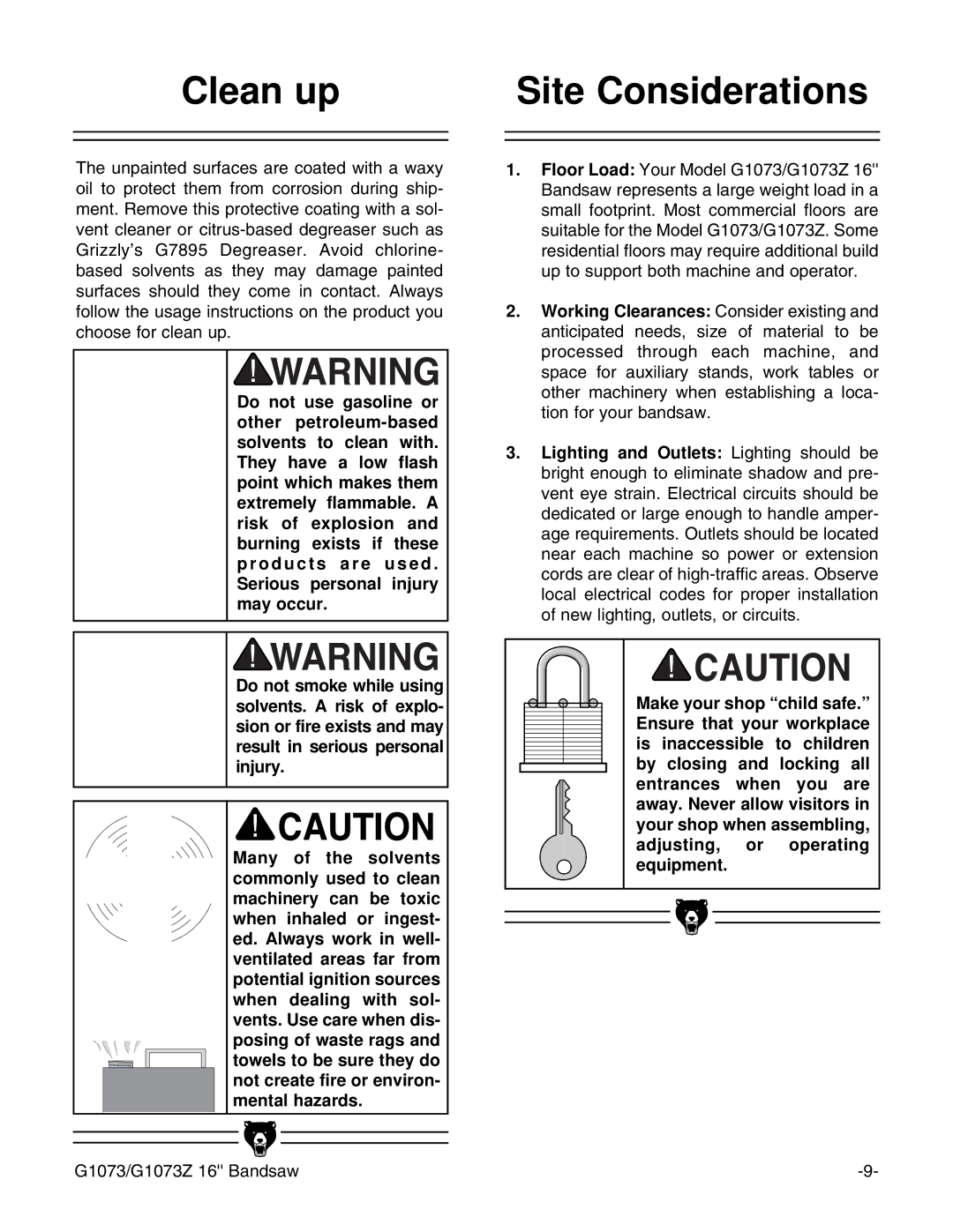 Grizzly G1073/G1073Z instruction manual Clean up Site Considerations 