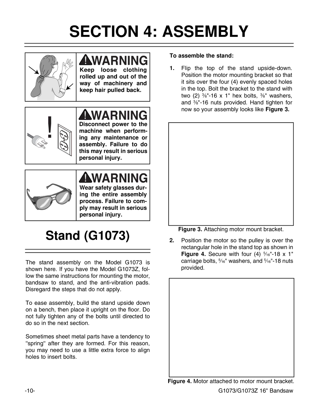 Grizzly G1073/G1073Z instruction manual Assembly, Stand G1073, To assemble the stand 