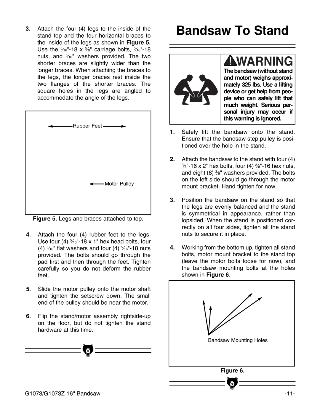 Grizzly G1073/G1073Z instruction manual Bandsaw To Stand 