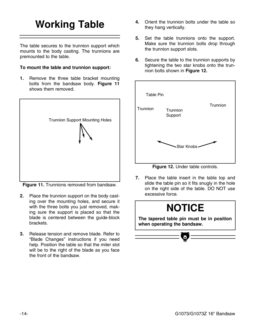 Grizzly G1073/G1073Z instruction manual Working Table, To mount the table and trunnion support 