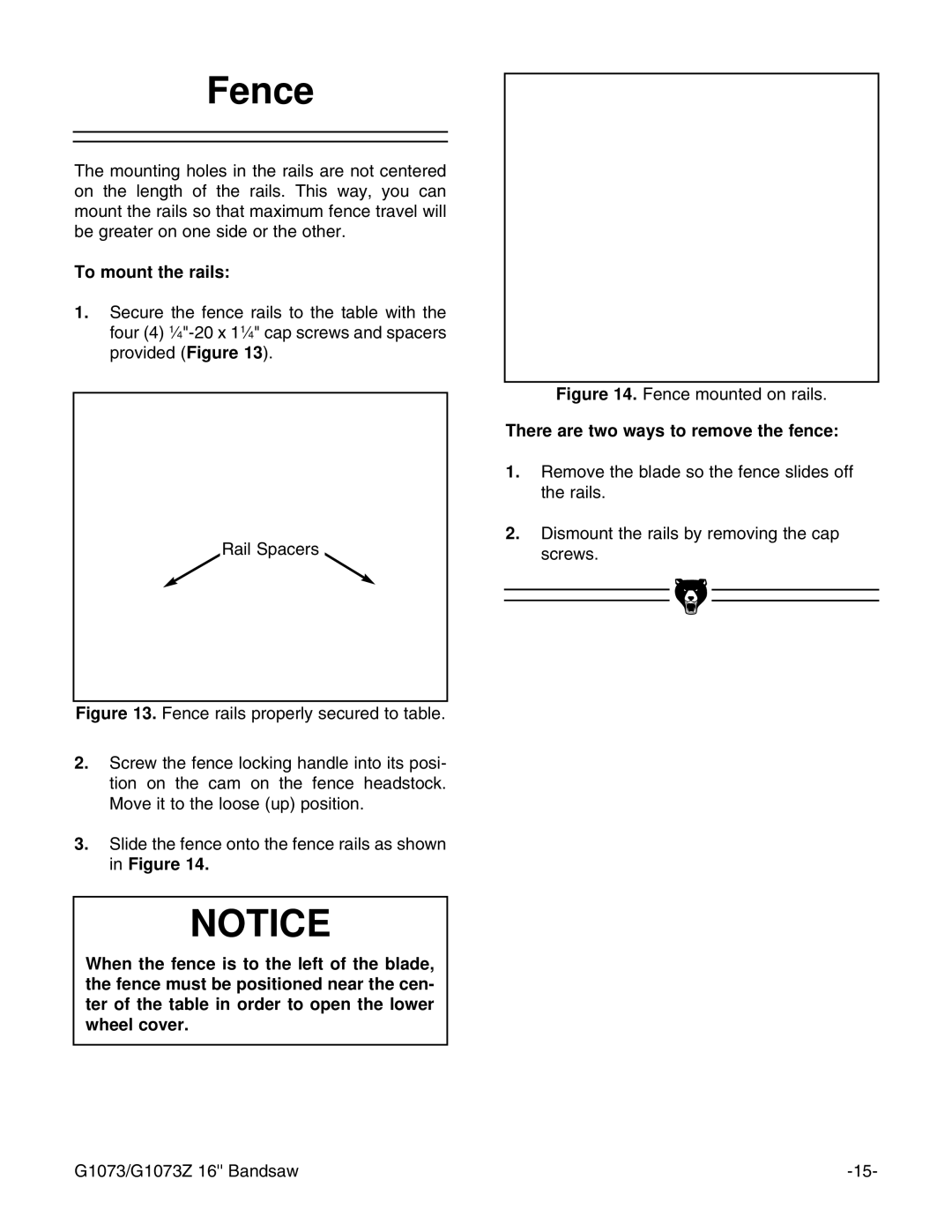 Grizzly G1073/G1073Z instruction manual Fence, To mount the rails, There are two ways to remove the fence 