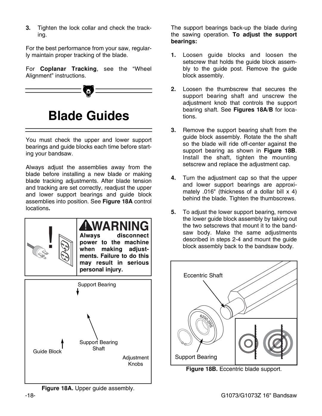 Grizzly G1073/G1073Z instruction manual Blade Guides, Eccentric blade support 