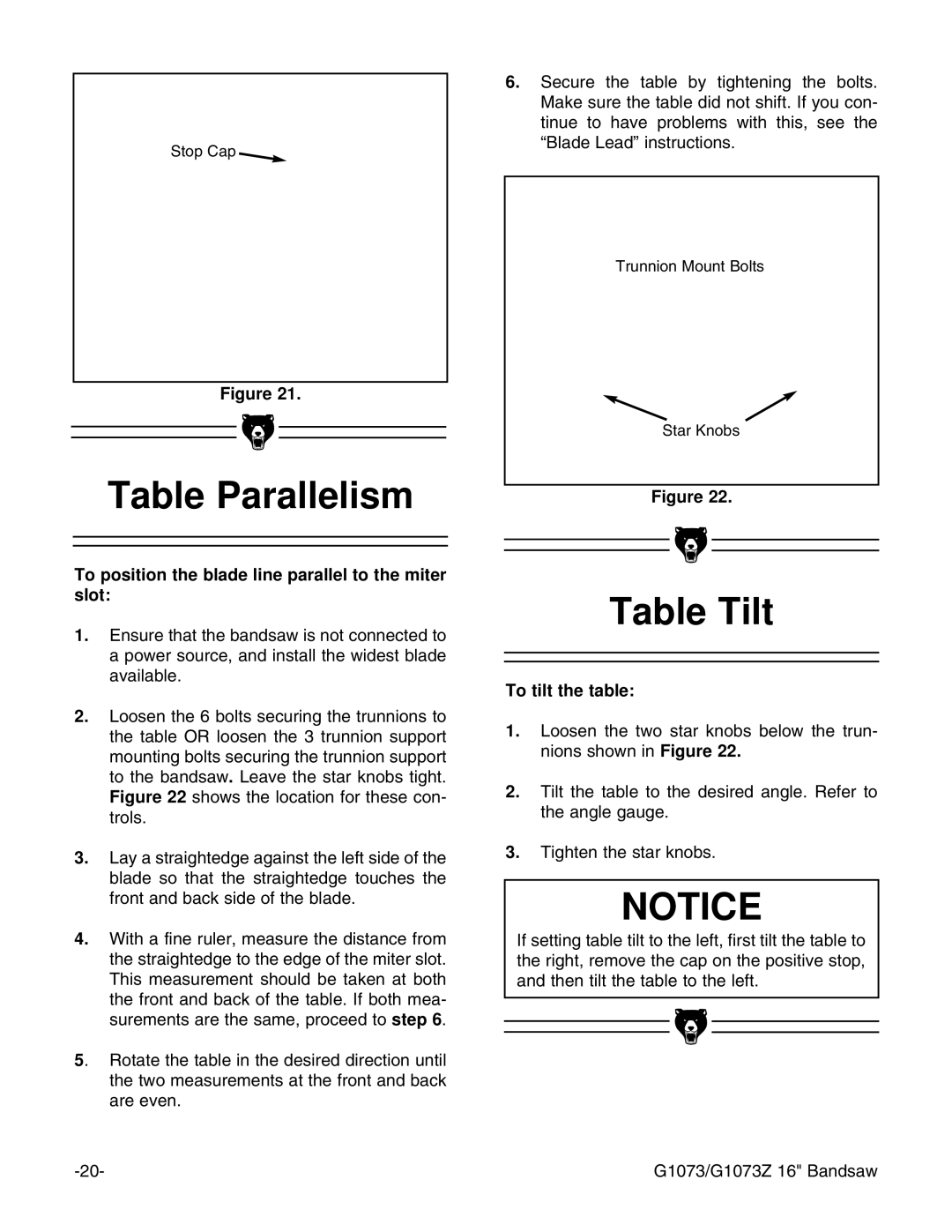 Grizzly G1073/G1073Z Table Parallelism, Table Tilt, To position the blade line parallel to the miter slot 