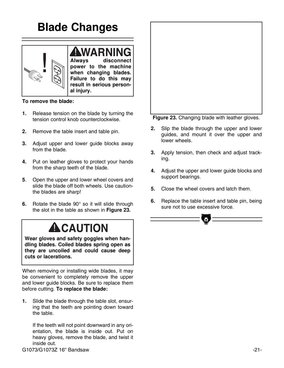 Grizzly G1073/G1073Z instruction manual Blade Changes 