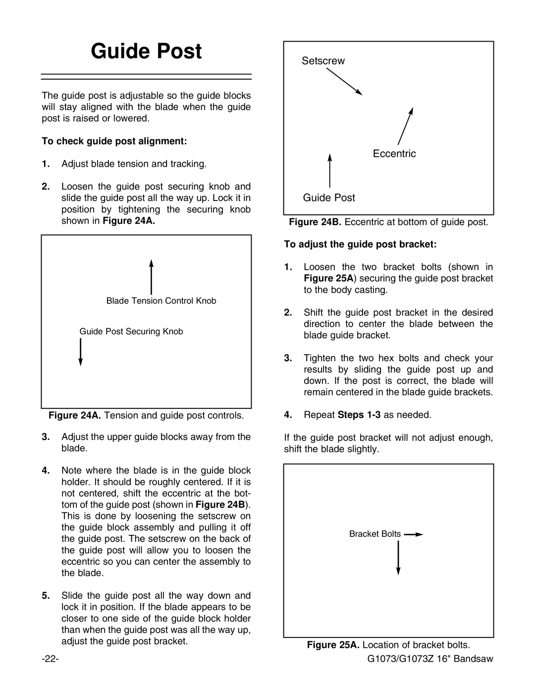 Grizzly G1073/G1073Z instruction manual Guide Post, To check guide post alignment, To adjust the guide post bracket 