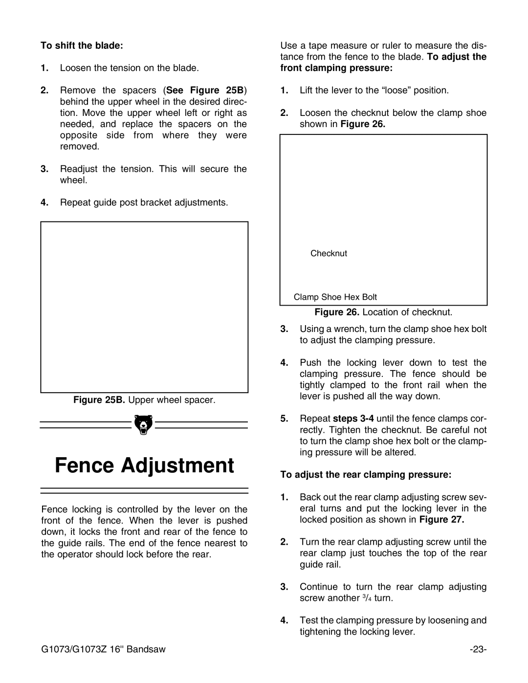 Grizzly G1073/G1073Z instruction manual Fence Adjustment, To shift the blade, To adjust the rear clamping pressure 