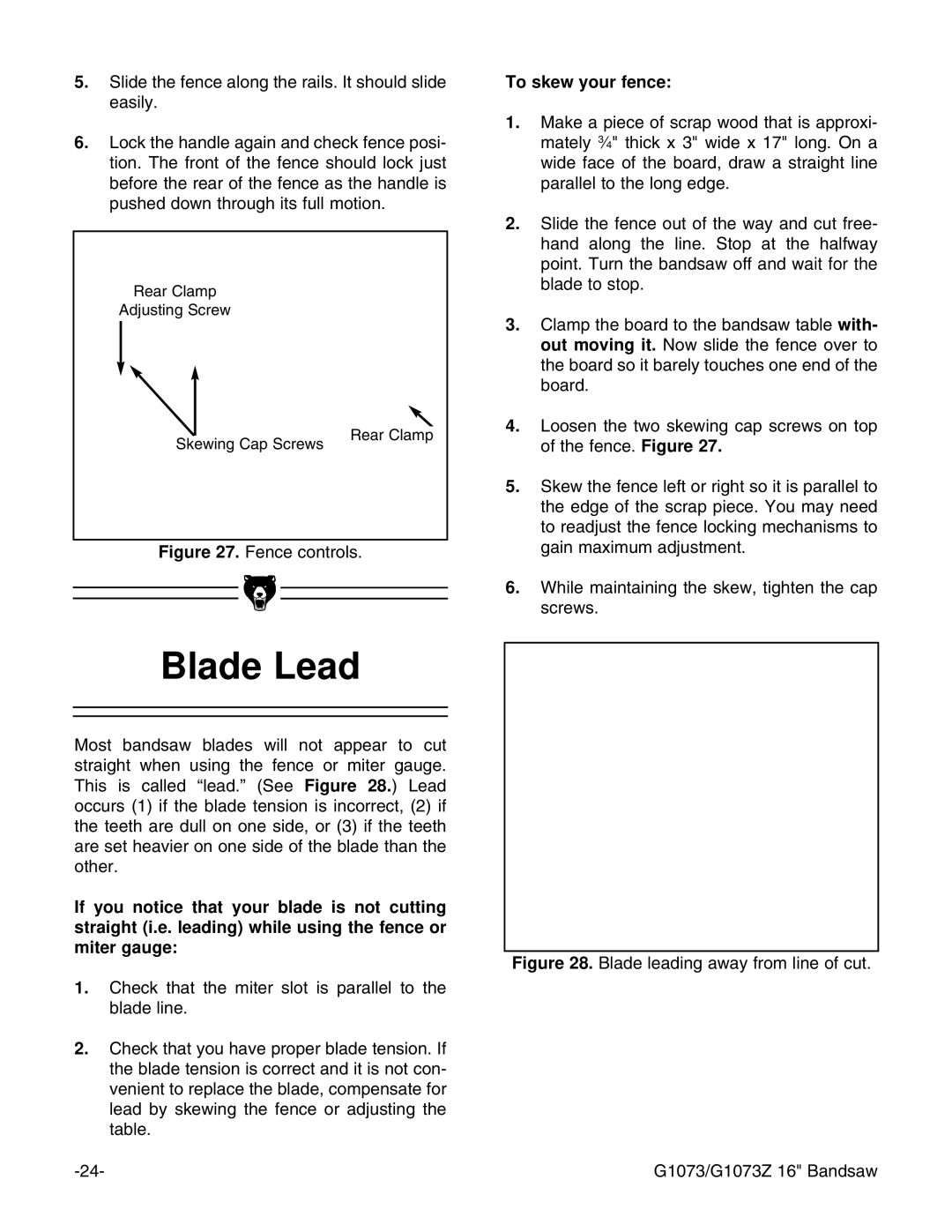 Grizzly G1073/G1073Z instruction manual Blade Lead, To skew your fence 