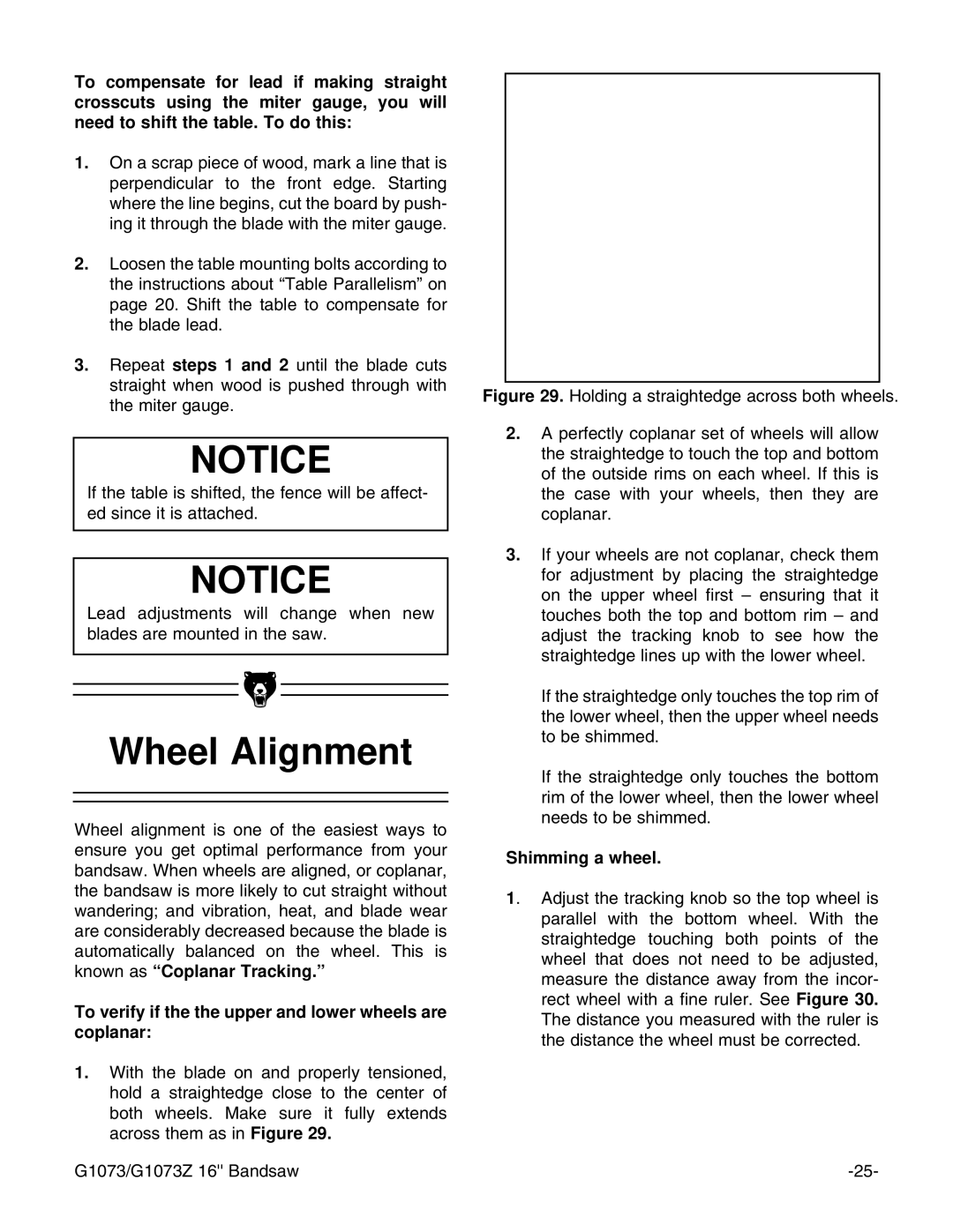 Grizzly G1073/G1073Z Wheel Alignment, To verify if the the upper and lower wheels are coplanar, Shimming a wheel 