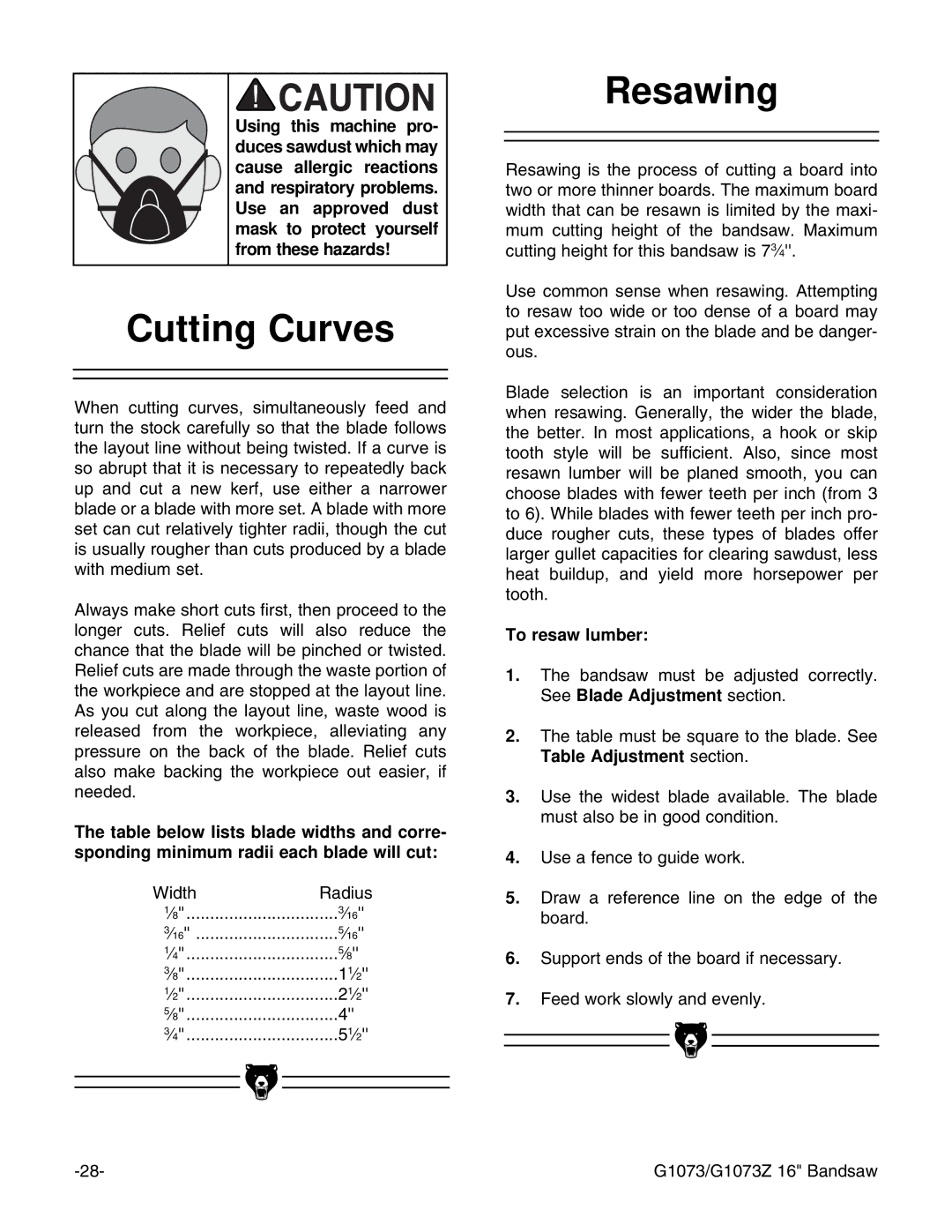 Grizzly G1073/G1073Z instruction manual Cutting Curves, Resawing, To resaw lumber, Table Adjustment section 