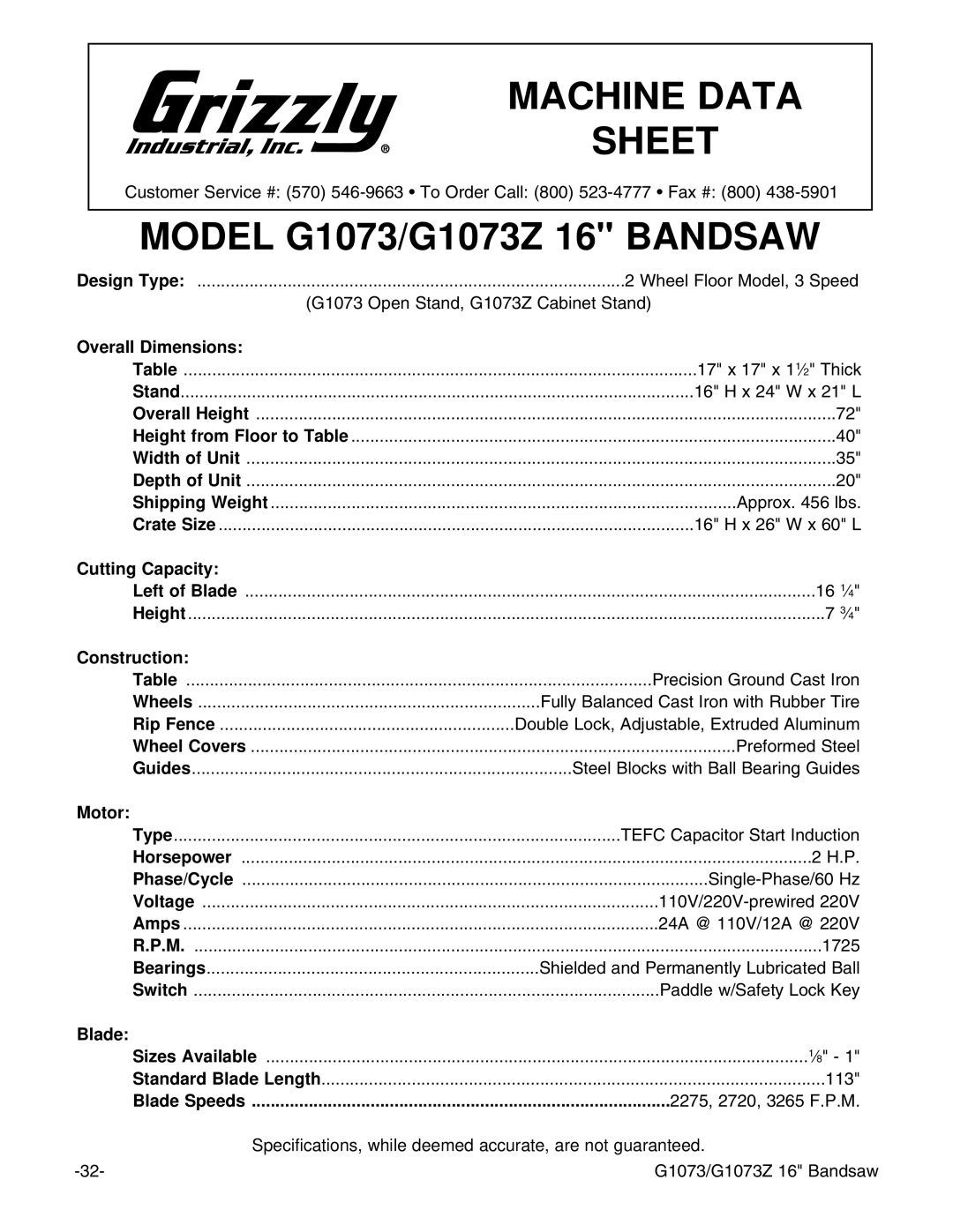 Grizzly instruction manual Model G1073/G1073Z 16 Bandsaw 